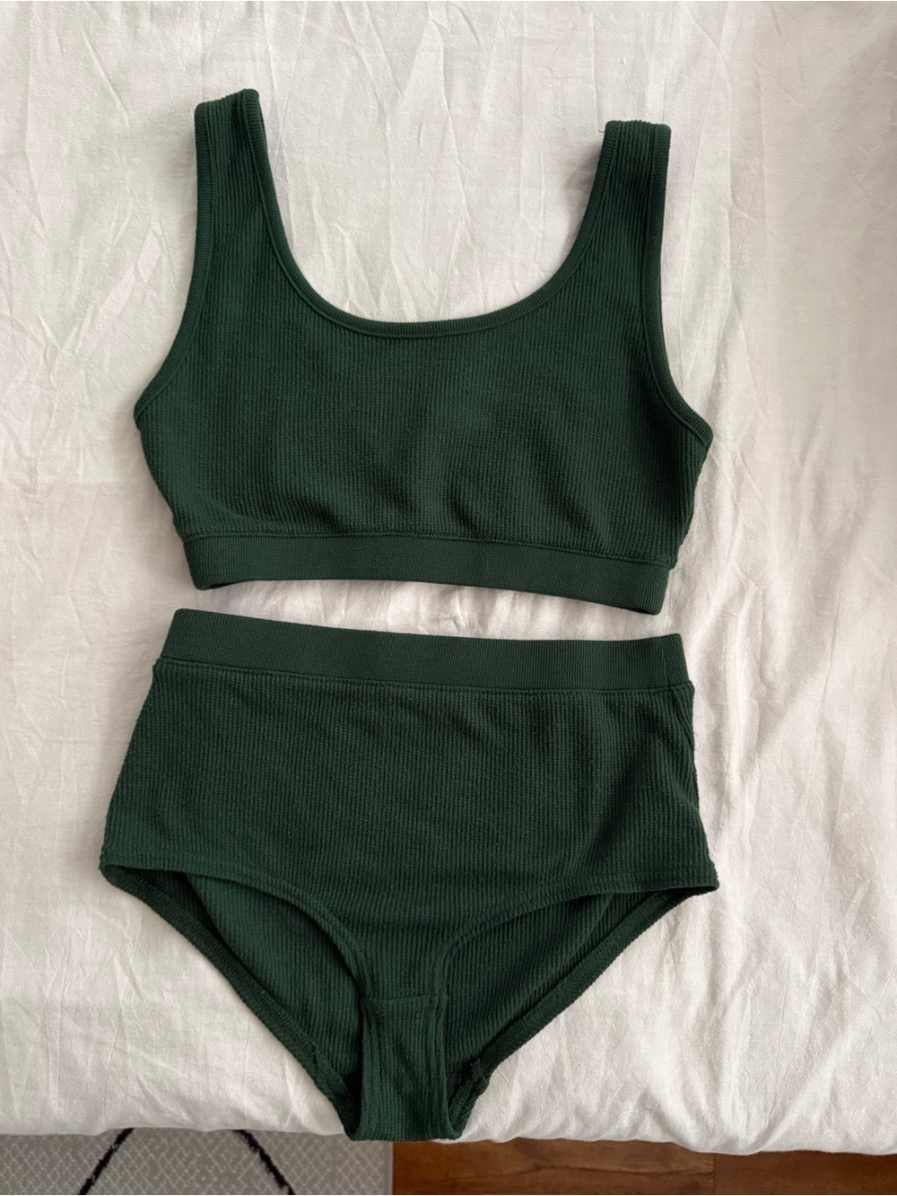 Ribbed Scoop Bralette & High-Waist pajama Set - Dark Green